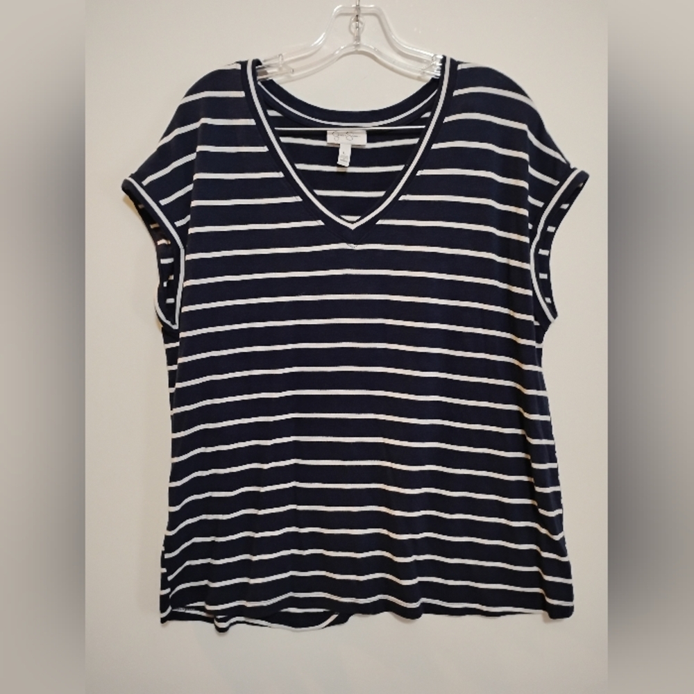 Jessica Simpson Navy and White Striped V-Neck Tee JESSICA SIMPSON 85%Viscose L